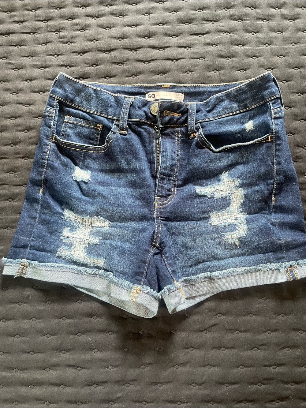 SO Dark Blue Distressed High Rise Midi  Denim Shorts